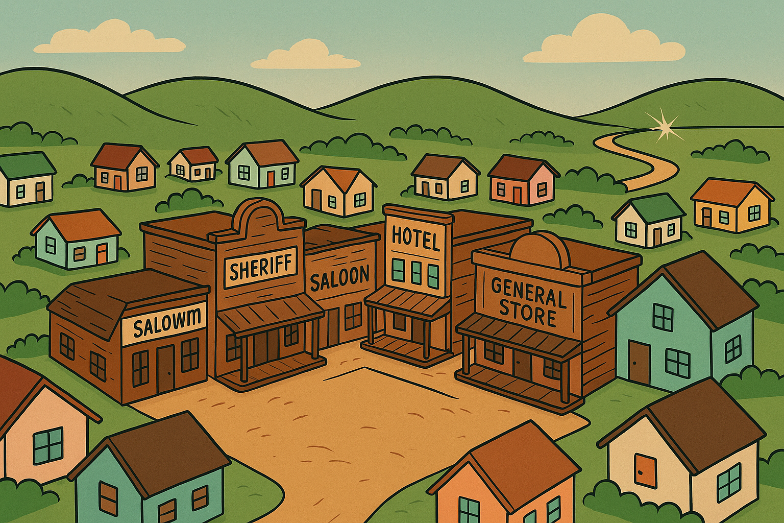 A cheerful Old West town surrounded by little modern houses, with a golden road winding toward a distant sparkle