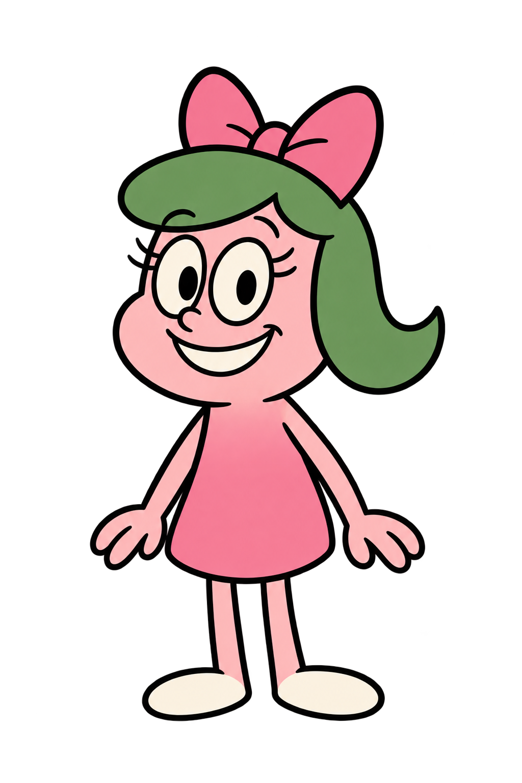 Jilly, a cheerful pink character with green hair and a pink bow
